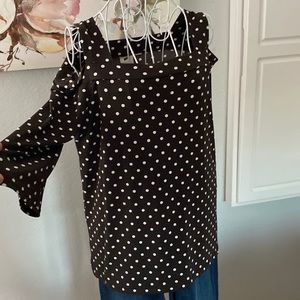 Chico’s brand black white polka dot blouse cold shoulder 3/4 sleeve size L tunic